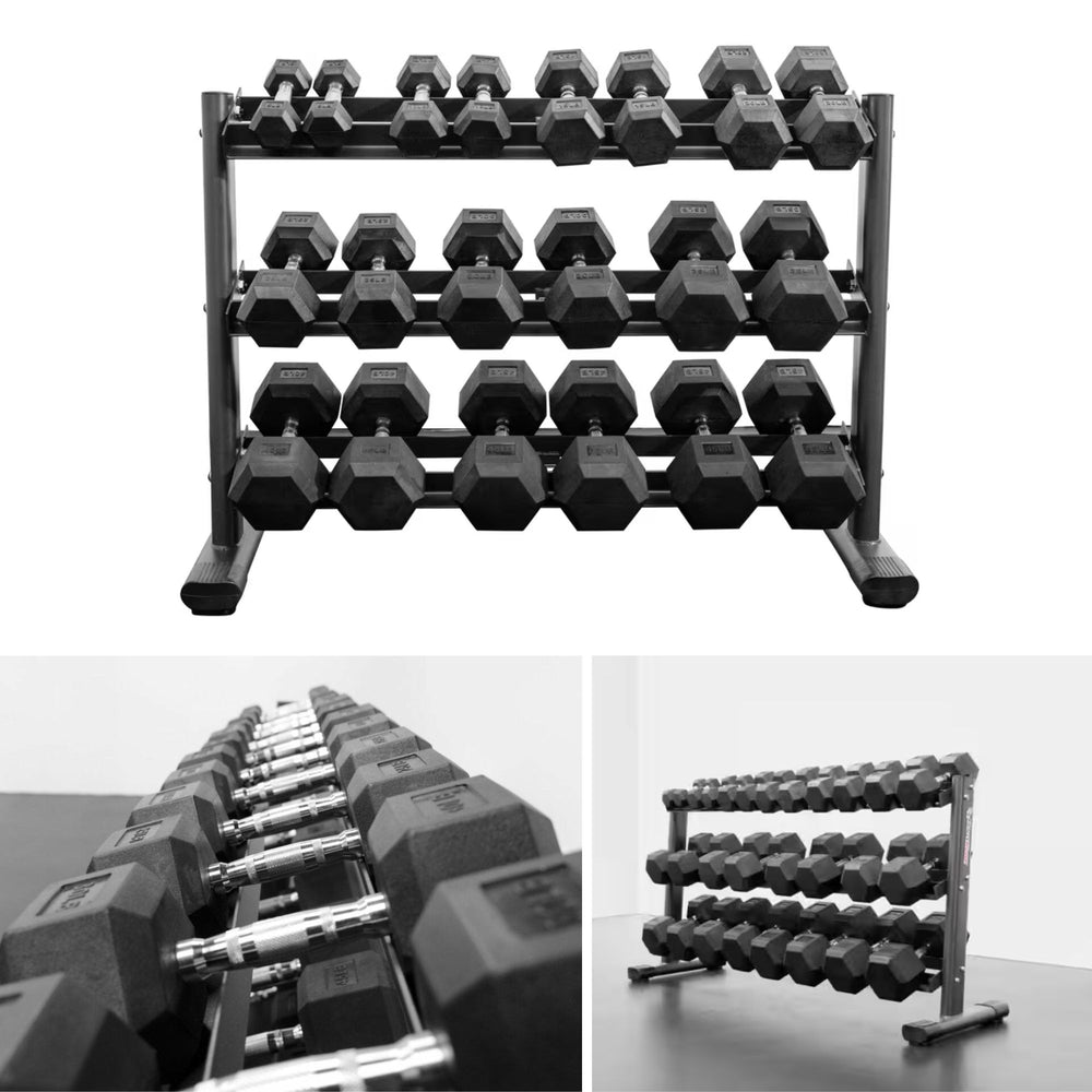 BodyKore Rubber Hex Dumbbell Sets with Commercial Rack