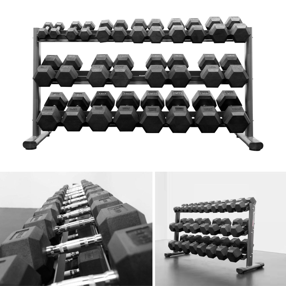 BodyKore Rubber Hex Dumbbell Sets with Commercial Rack