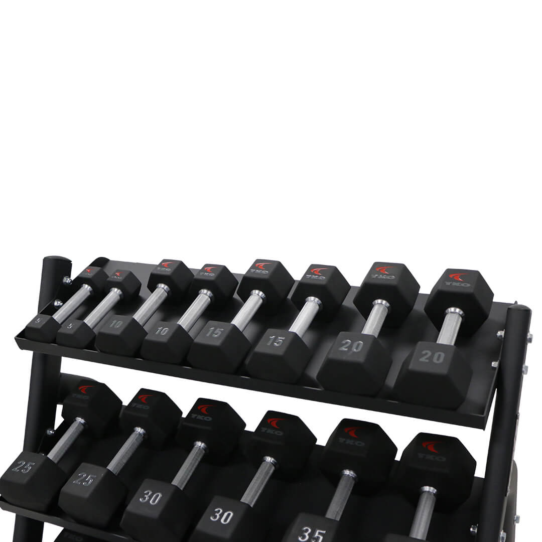 TKO 5-50lb Urethane Hex Tri-Grip Handle Dumbbells W/ 3 Tier Tray Rack S6235-TXUA10