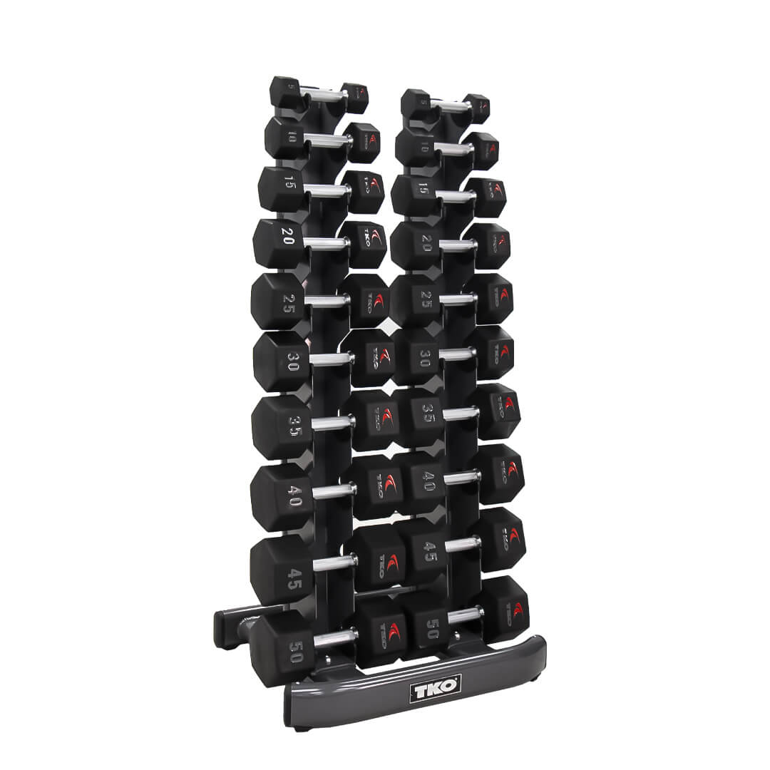 TKO 5-50lb Urethane Hex Tri-Grip Handle Dumbbells W/ 10 Pair Rack S840-TXUA10