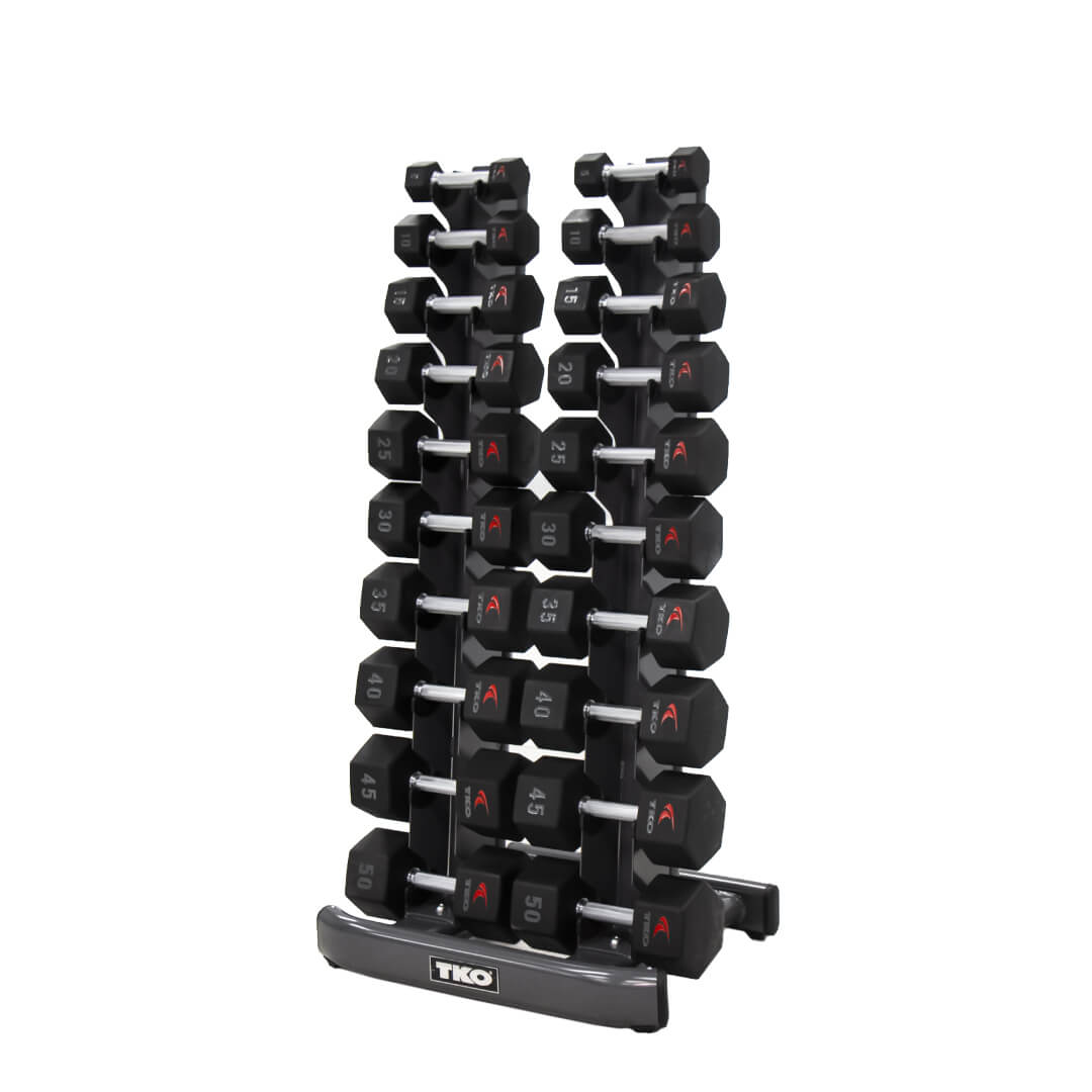 TKO 5-50lb Urethane Hex Tri-Grip Handle Dumbbells W/ 10 Pair Rack S840-TXUA10