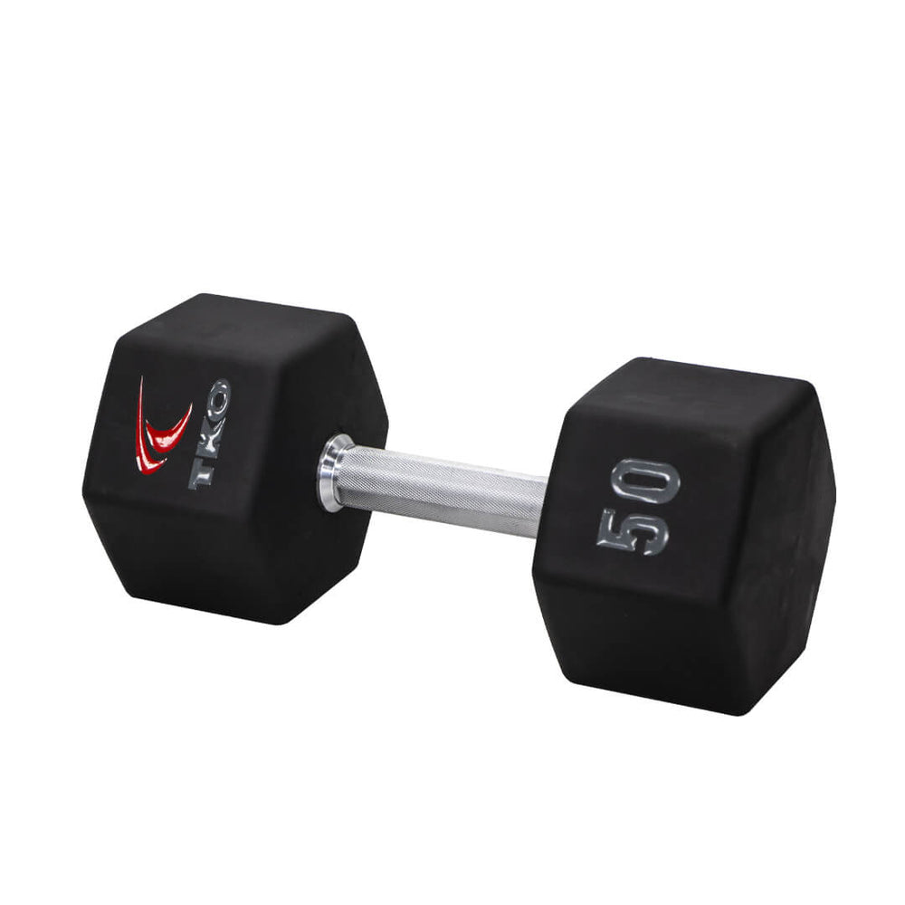 A 50 Lb dumbbell from the TKO Dumbbell Series with Tri-Grip handles