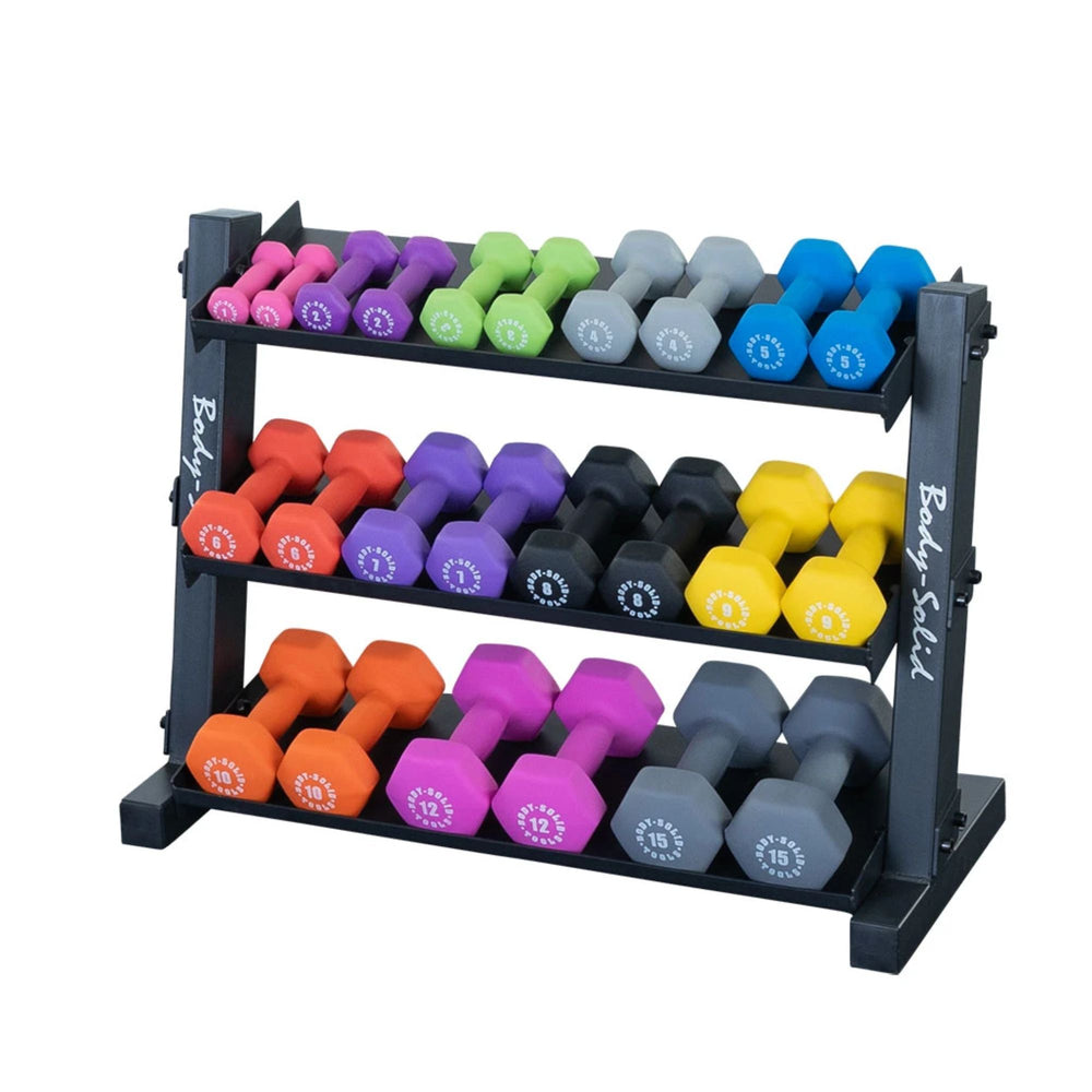 Body-Solid 3 Tier Horizontal 34" Vinyl Or Neoprene Dumbbell Rack GDR34