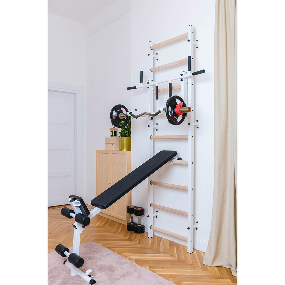 BenchK Workout Bench B1W attached to a full wall bar set up 
