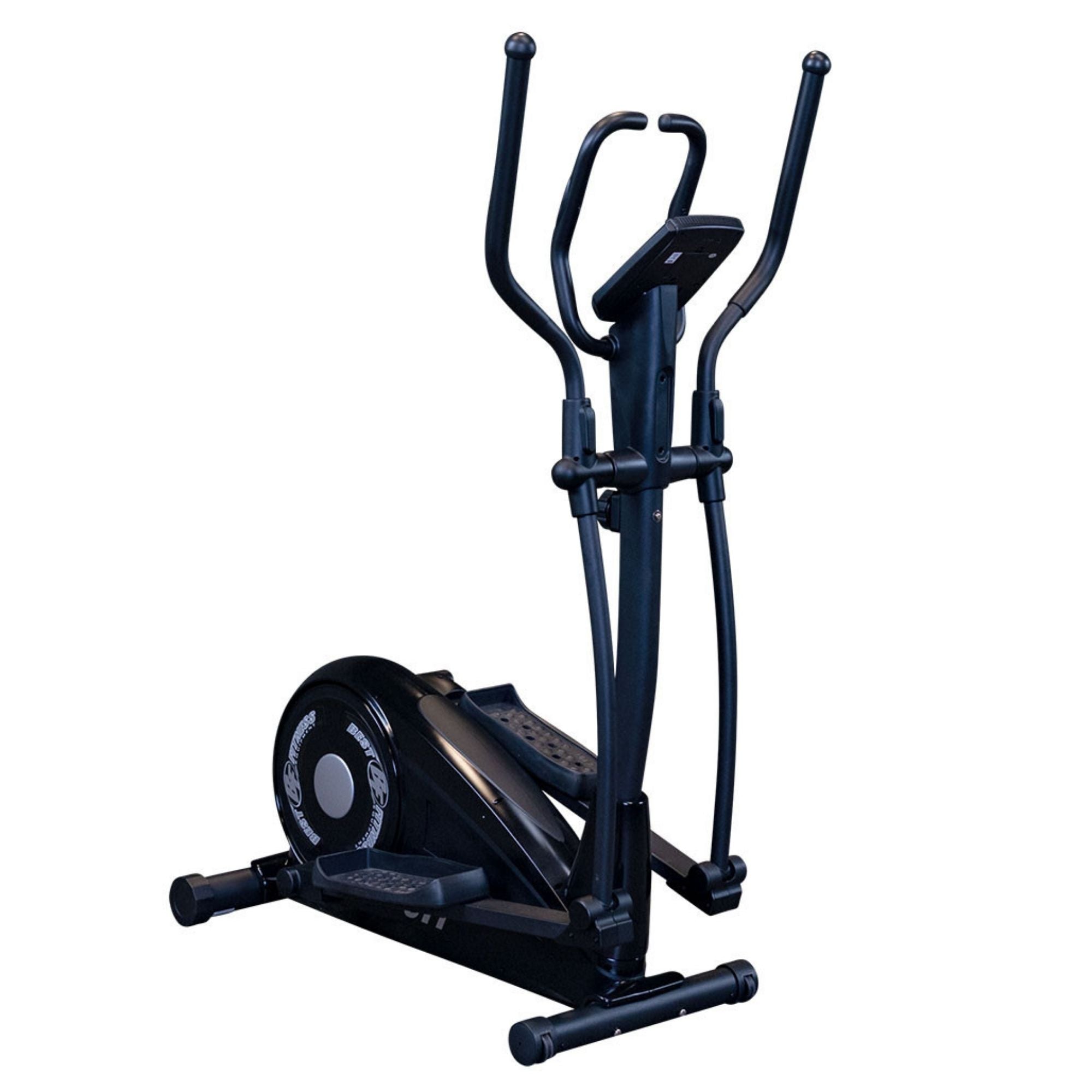 Best Fitness Cross Trainer Elliptical BFCT1B Rear angle of Best Fitness CT1 elliptical showing pedals, resistance housing, and curved handlebar design.
