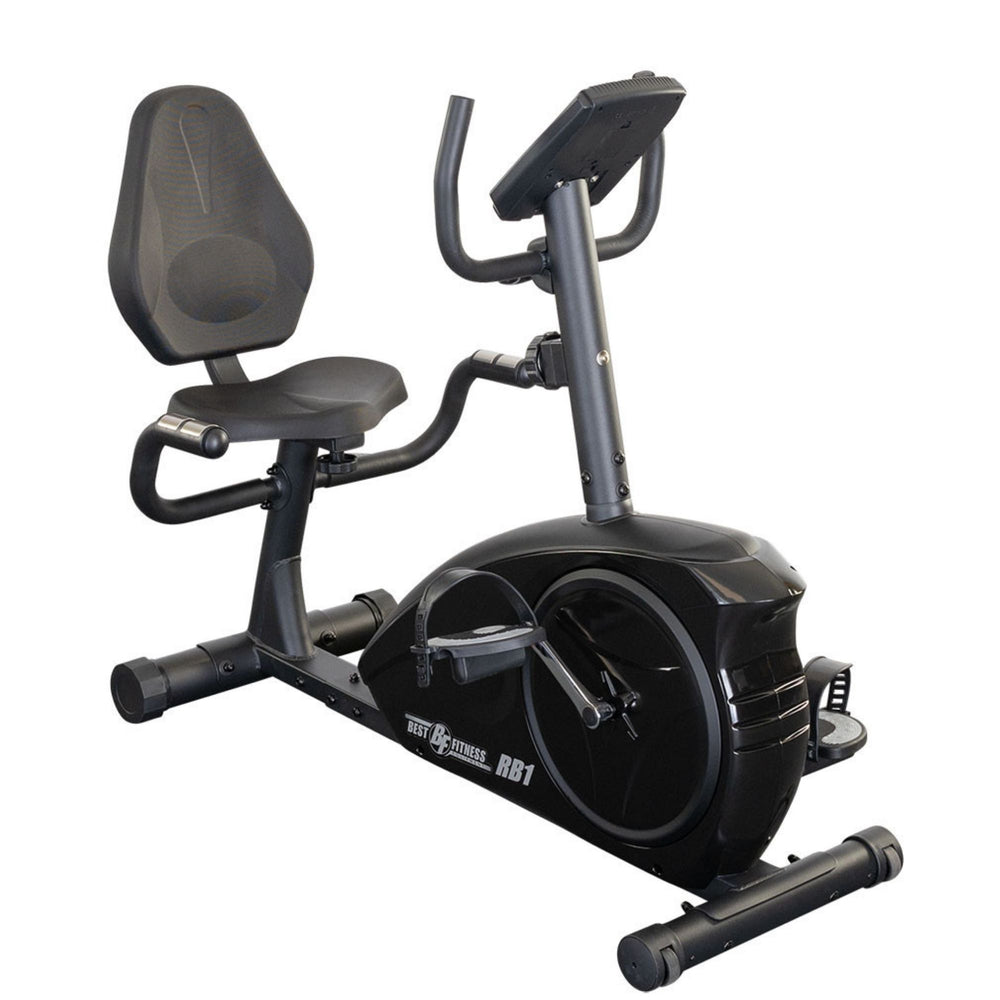 Best Fitness Recumbent Bike BFRB1B Best Fitness RB1 recumbent exercise bike with padded seat, backrest, and dual handlebars for comfortable cardio workouts.