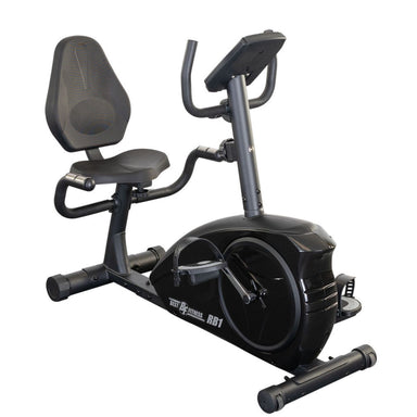 Best Fitness Recumbent Bike BFRB1B Best Fitness RB1 recumbent exercise bike with padded seat, backrest, and dual handlebars for comfortable cardio workouts.