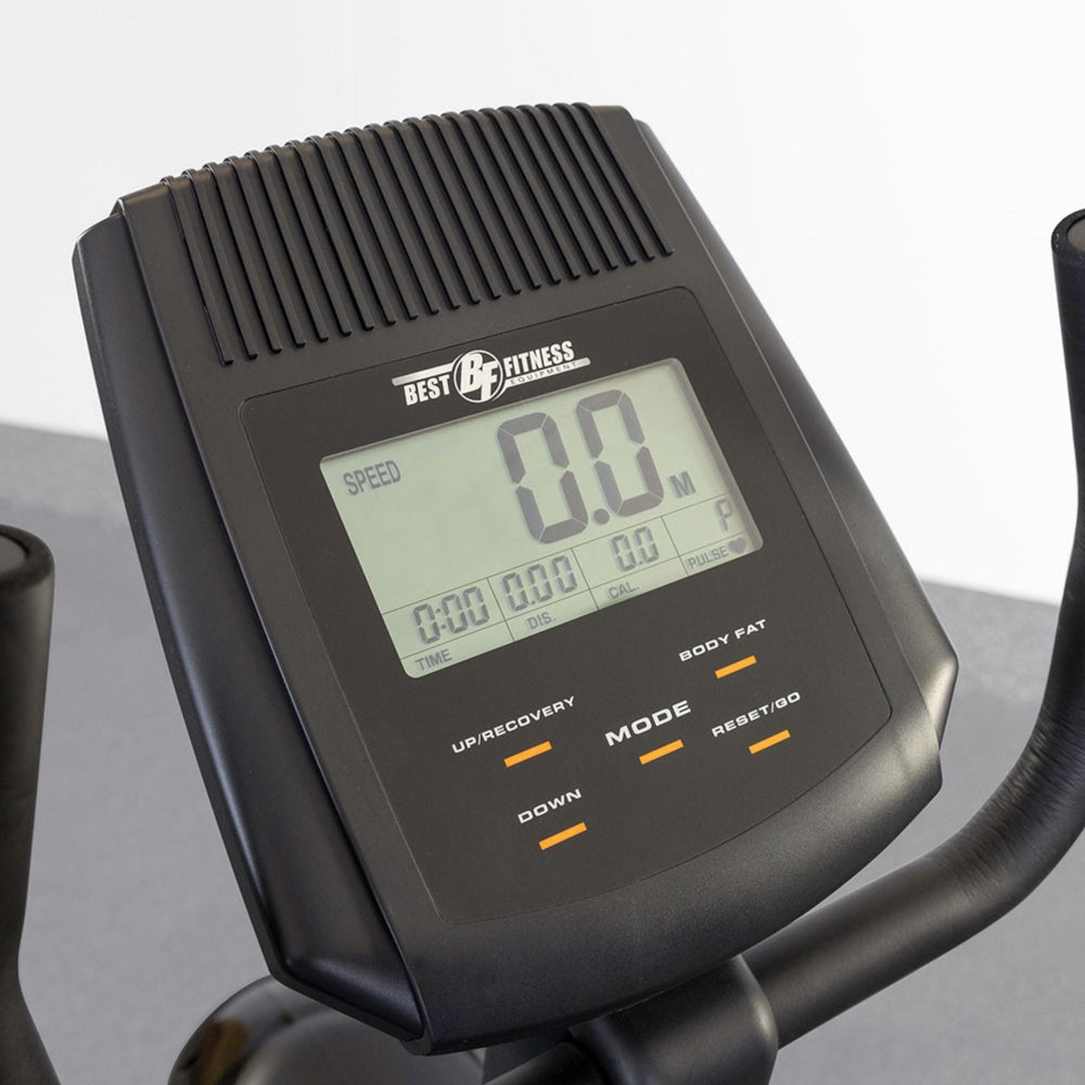 Best Fitness Recumbent Bike BFRB1B Close-up of the Best Fitness RB1 digital console showing speed, time, distance, calories, and pulse display.
