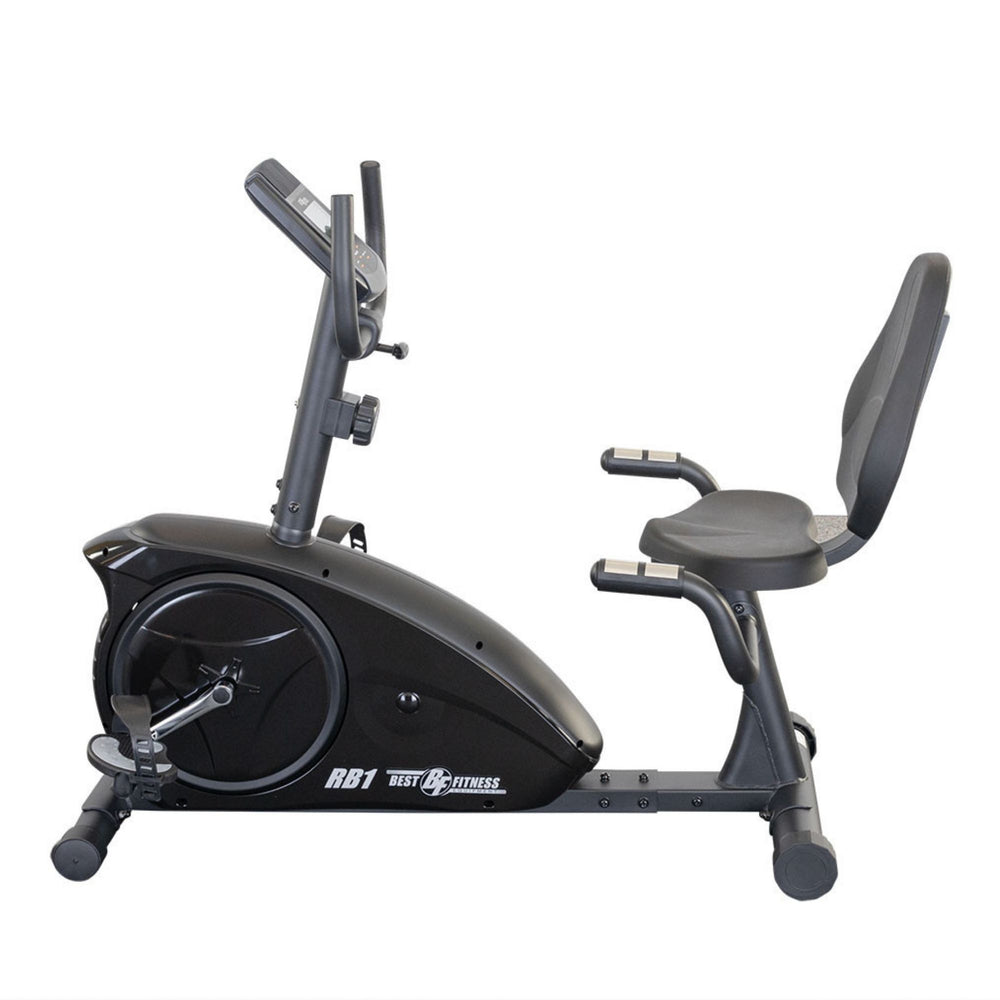 Best Fitness Recumbent Bike BFRB1B Side profile of Best Fitness RB1 recumbent exercise bike highlighting the seat adjustment and flywheel housing.