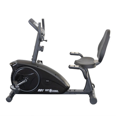 Best Fitness Recumbent Bike BFRB1B Side profile of Best Fitness RB1 recumbent exercise bike highlighting the seat adjustment and flywheel housing.
