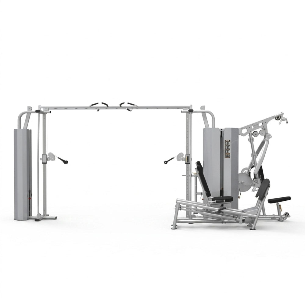 A BodyKore multi-function gym machine with a crossover and a seated leg exercise attachment, shown on a plain white background.