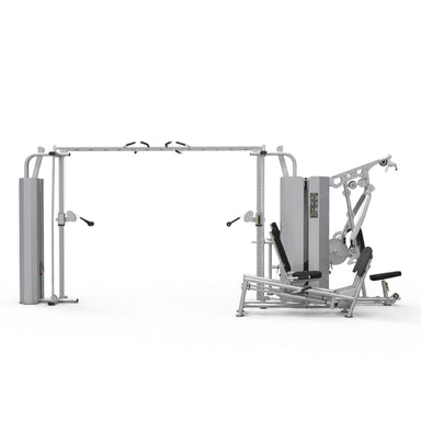A BodyKore multi-function gym machine with a crossover and a seated leg exercise attachment, shown on a plain white background.