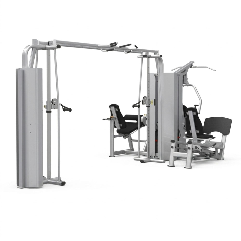 A BodyKore multi-function cable and leg extension gym machine in silver steel with black padded seats and handles, shown on a solid white background.