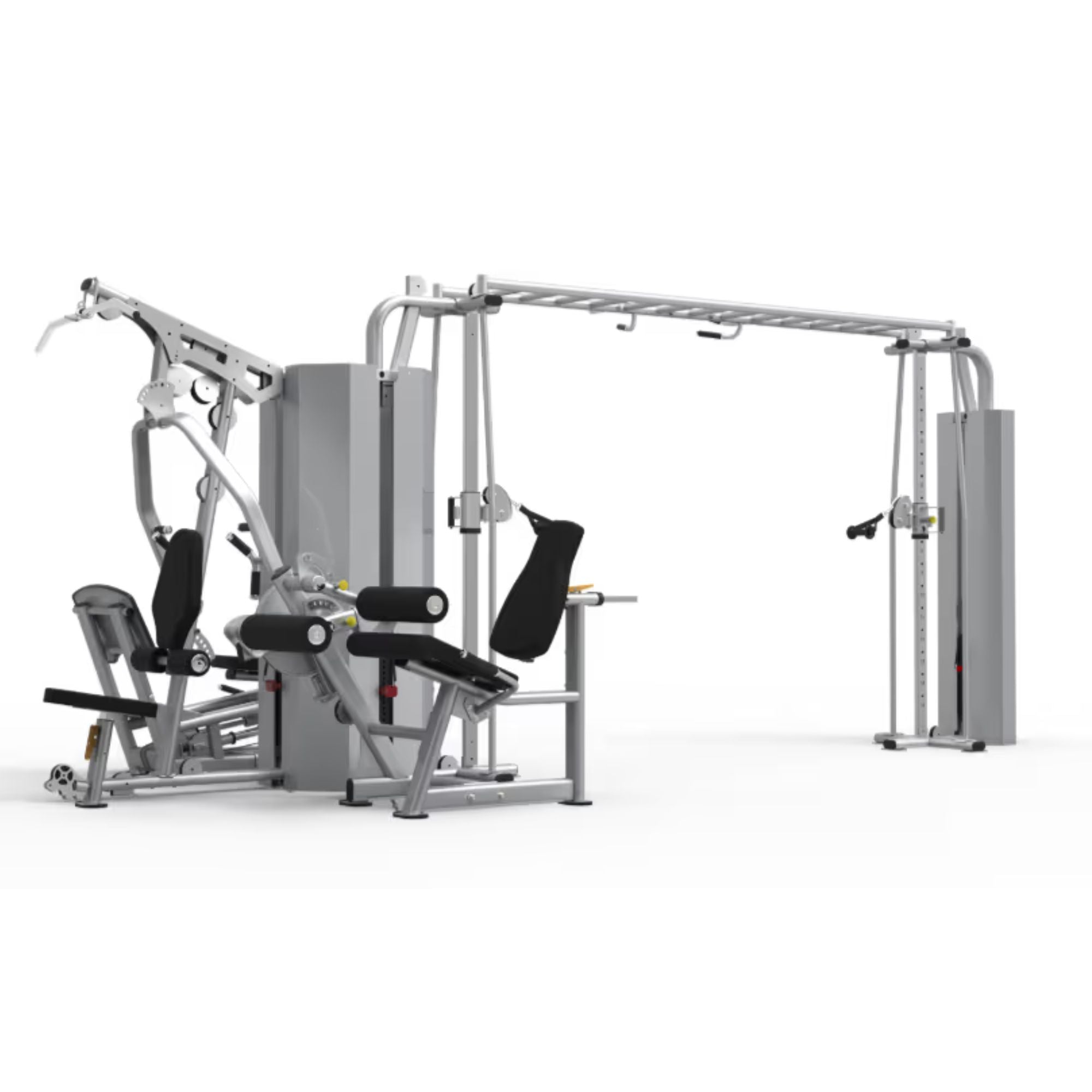 A BodyKore multi-functional gym cable machine and leg extension combo with a silver steel frame and black padded seats, shown on a solid white background.