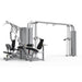 A BodyKore multi-functional gym cable machine and leg extension combo with a silver steel frame and black padded seats, shown on a solid white background.