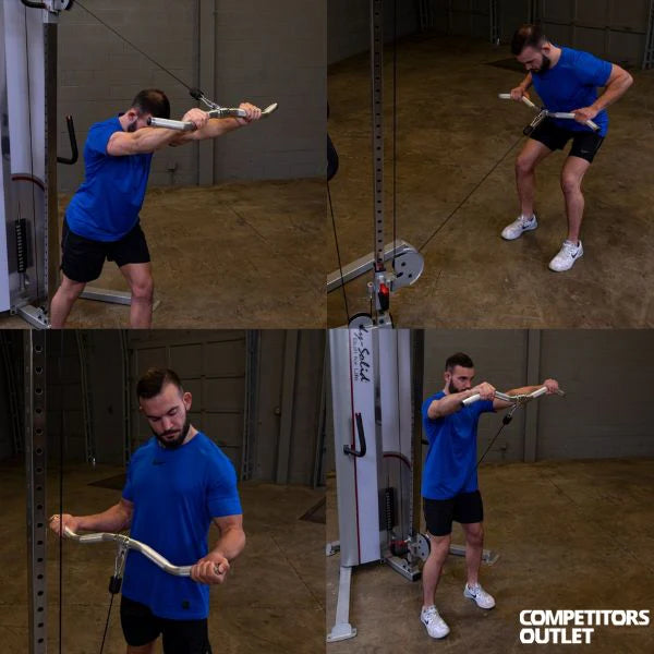 Man using a cable machine with Body-Solid-Aluminum-Revolving-Curl-Bar-MB229A-in a gym setting with 'Competitors Outlet' branding.
