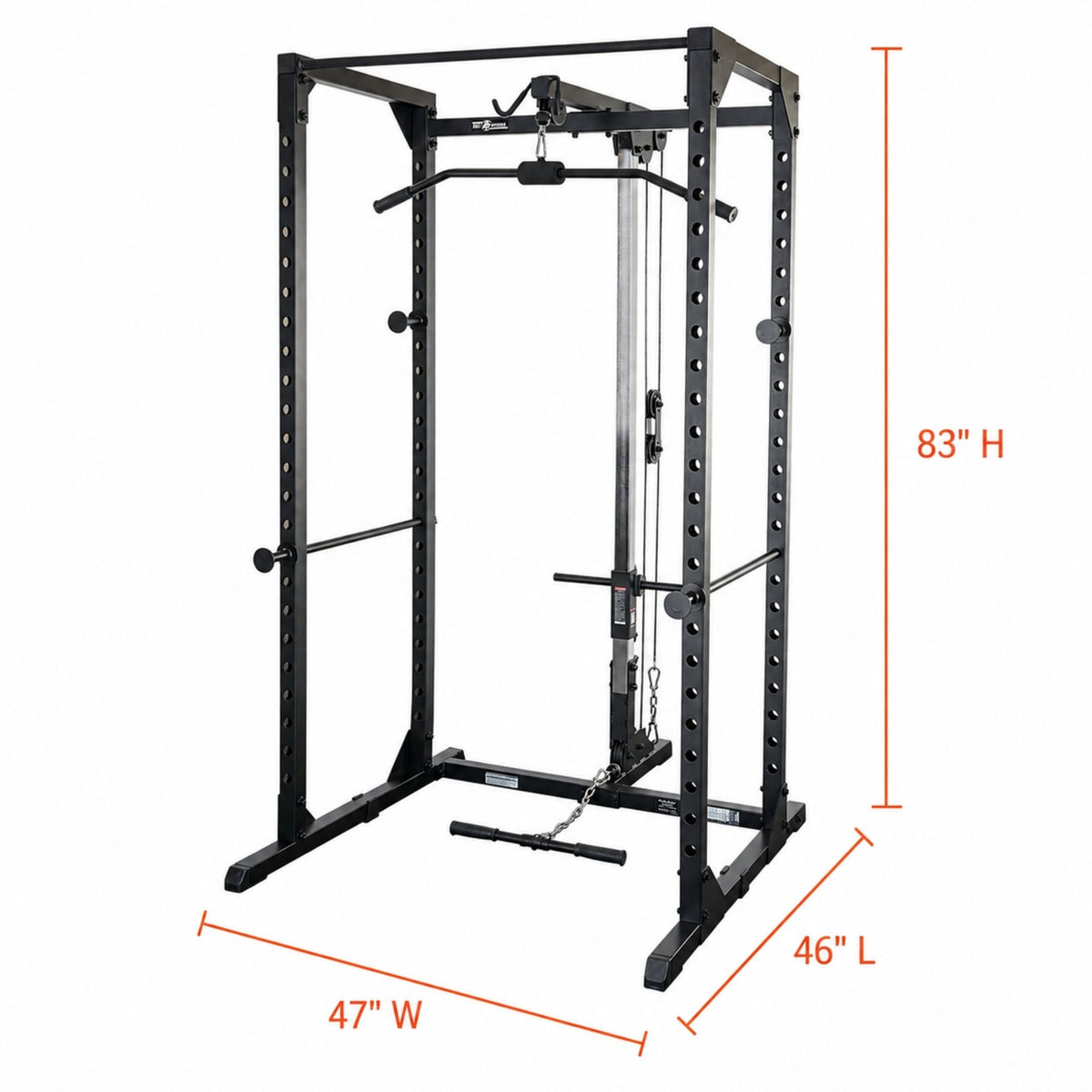 Black Body-Solid Best Fitness power rack with Lat pulley system shown on a white background with red dimension lines indicating 83" height, 47" width, and 46" length.