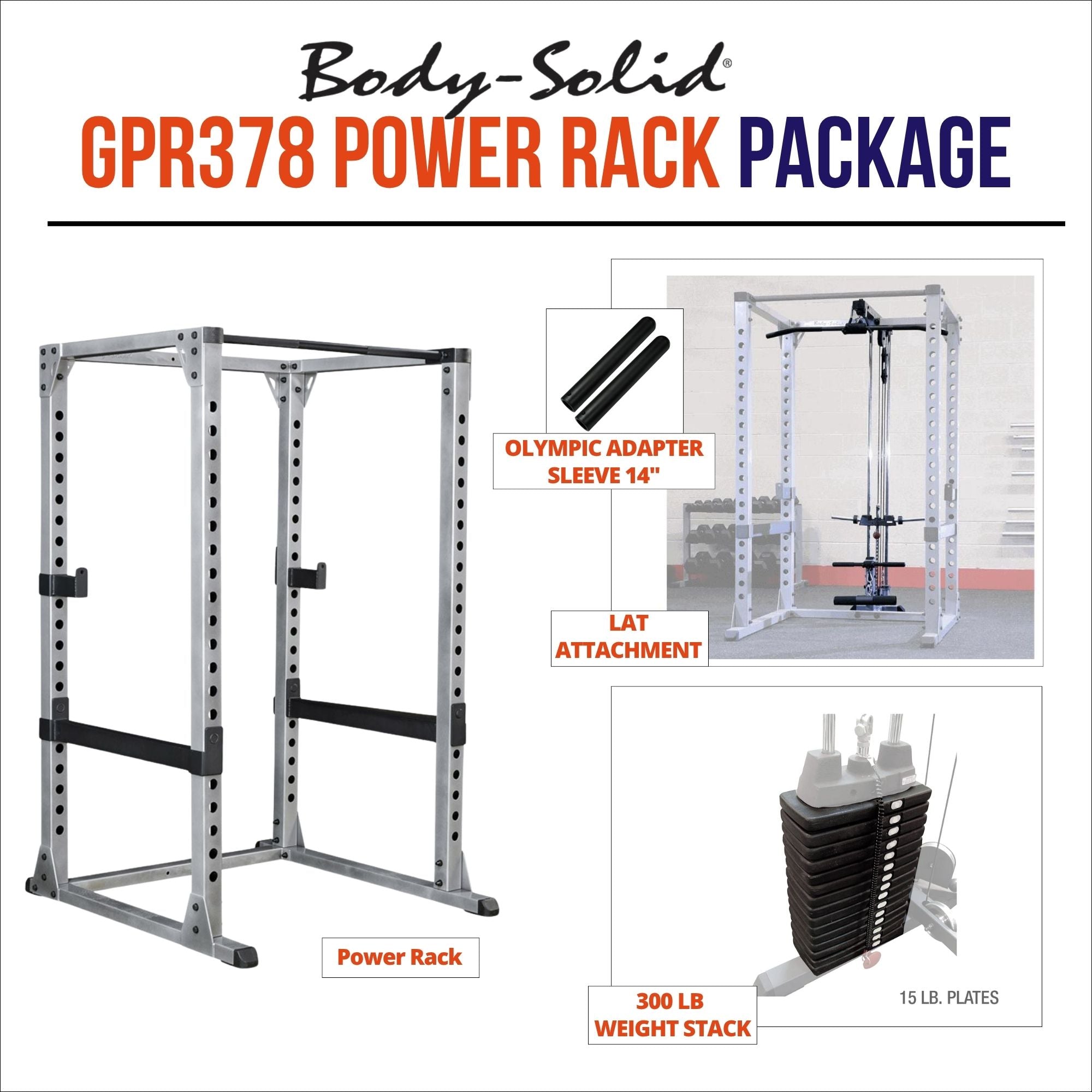Body-Solid GPR378 Power Rack with Lat Attachment Package