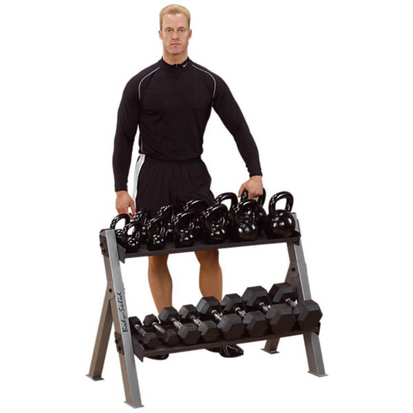 Body-Solid Dual Dumbbell/Kettlebell Rack GDKR100 with Macho Model Man