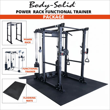 Power rack functional trainer package on a white background, featuring a black steel power rack with cable system and pull-up bar, a separate functional trainer attachment inset, a flooring mat inset, and text reading 'Body-Solid POWER RACK FUNCTIONAL TRAINER PACKAGE'.