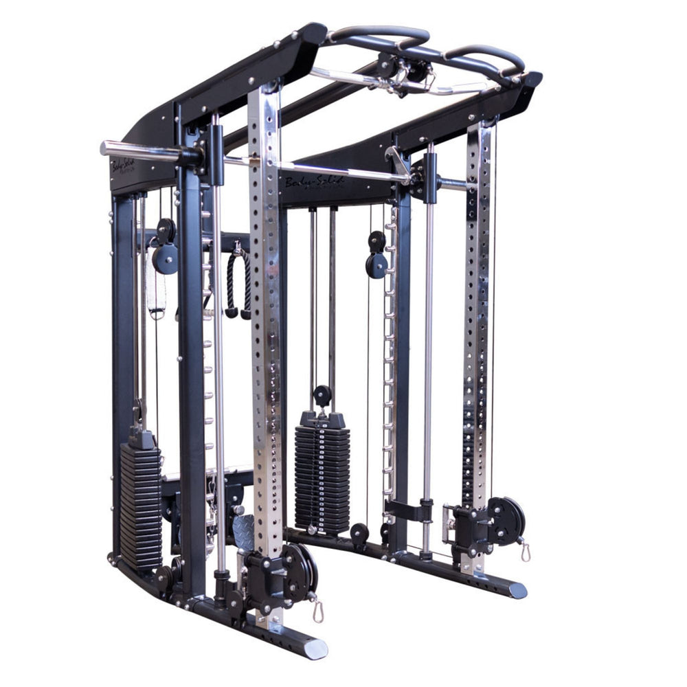 A Body-Solid-GSFR-100All-in-OneFunctional-Trainer-Smith-Machine home gym cable machine with dual weight stacks, a pull-up bar, and a T-bar handle, shown on a solid white background.