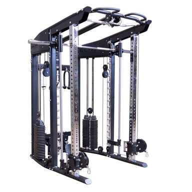 A Body-Solid-GSFR-100All-in-OneFunctional-Trainer-Smith-Machine home gym cable machine with dual weight stacks, a pull-up bar, and a T-bar handle, shown on a solid white background.