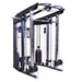 A Body-Solid-GSFR-100All-in-OneFunctional-Trainer-Smith-Machine home gym cable machine with dual weight stacks, a pull-up bar, and a T-bar handle, shown on a solid white background.