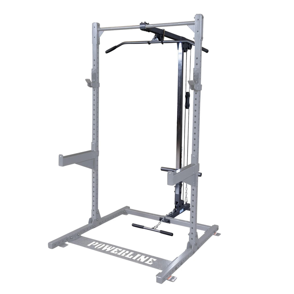 Gray powerline rack with lat pull down attachment on a white background