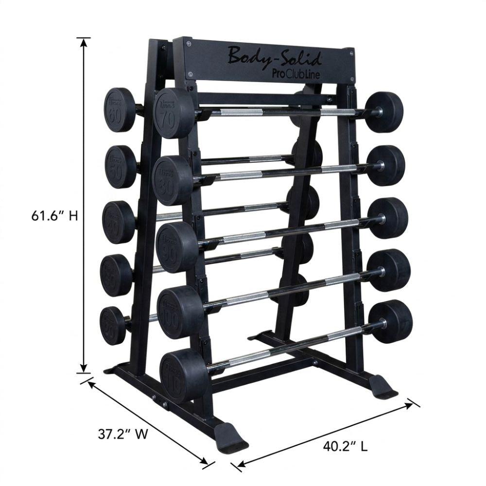 Body-Solid ProClubLine dumbbell rack SBBR100 with multiple dumbbells on a white background