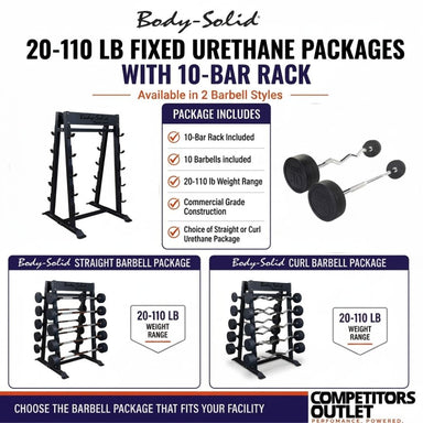 Body-Solid weight package with 10-bar rack and barbells on a white background.