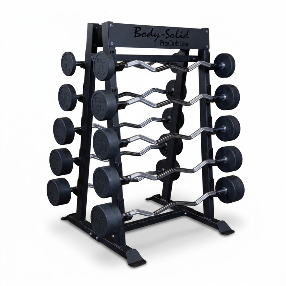 Body-Solid 20 - 110 LB Fixed Barbell Set with 10-Bar Rack with dumbbells on a white background