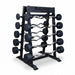 Body-Solid 20 - 110 LB Fixed Barbell Set with 10-Bar Rack with dumbbells on a white background