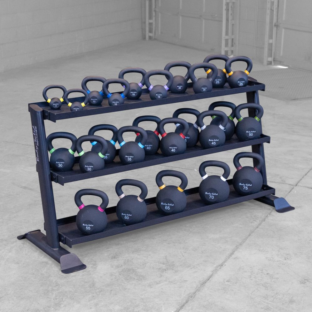 Kettlebell set with a Body-Solid Pro ClubLine
SRK200 Kettlebell Rack on a concrete floor