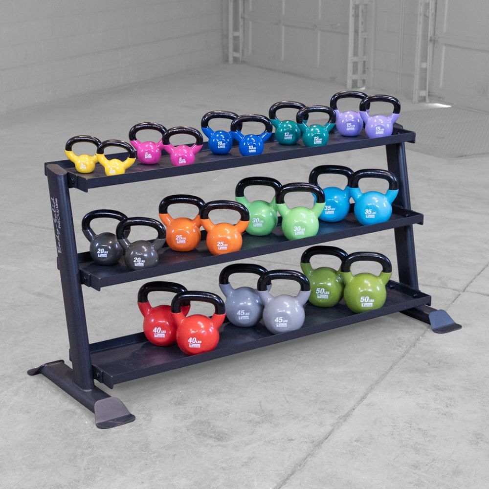 Body-Solid Pro ClubLine
SRK200 Kettlebell Rack  with colorful kettlebells on a concrete floor.