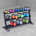 Body-Solid Pro ClubLine
SRK200 Kettlebell Rack  with colorful kettlebells on a concrete floor.