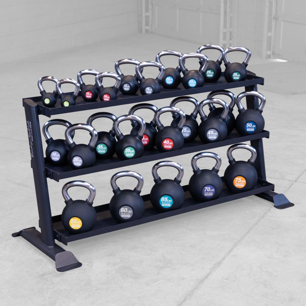 Kettlebell set with aBody-Solid Pro ClubLine
SRK200 Kettlebell Rack on a light gray floor