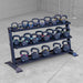Kettlebell set with a Body-Solid Pro ClubLine
SRK200 Kettlebell Rack on a concrete floor