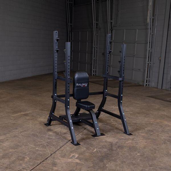 Body-Solid Pro Clubline Olympic Shoulder Press Bench SOSB250 in a garage gym