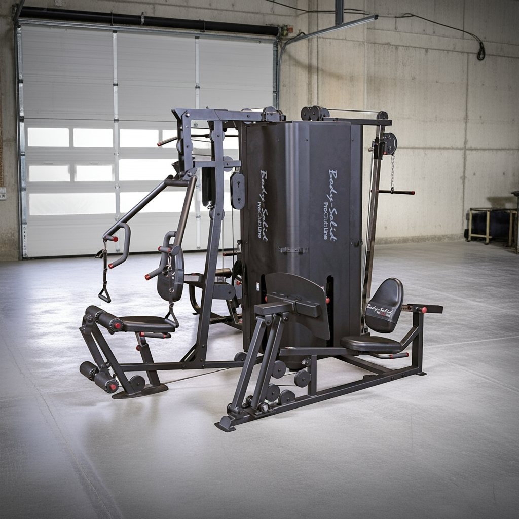 Gym equipment in a warehouse setting with a large garage door in the background.