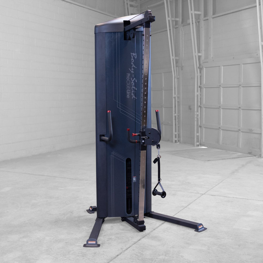 Body-Solid-S2CC-Series-2-Cable-Column-in-garage. Blue cable machine in a gym setting