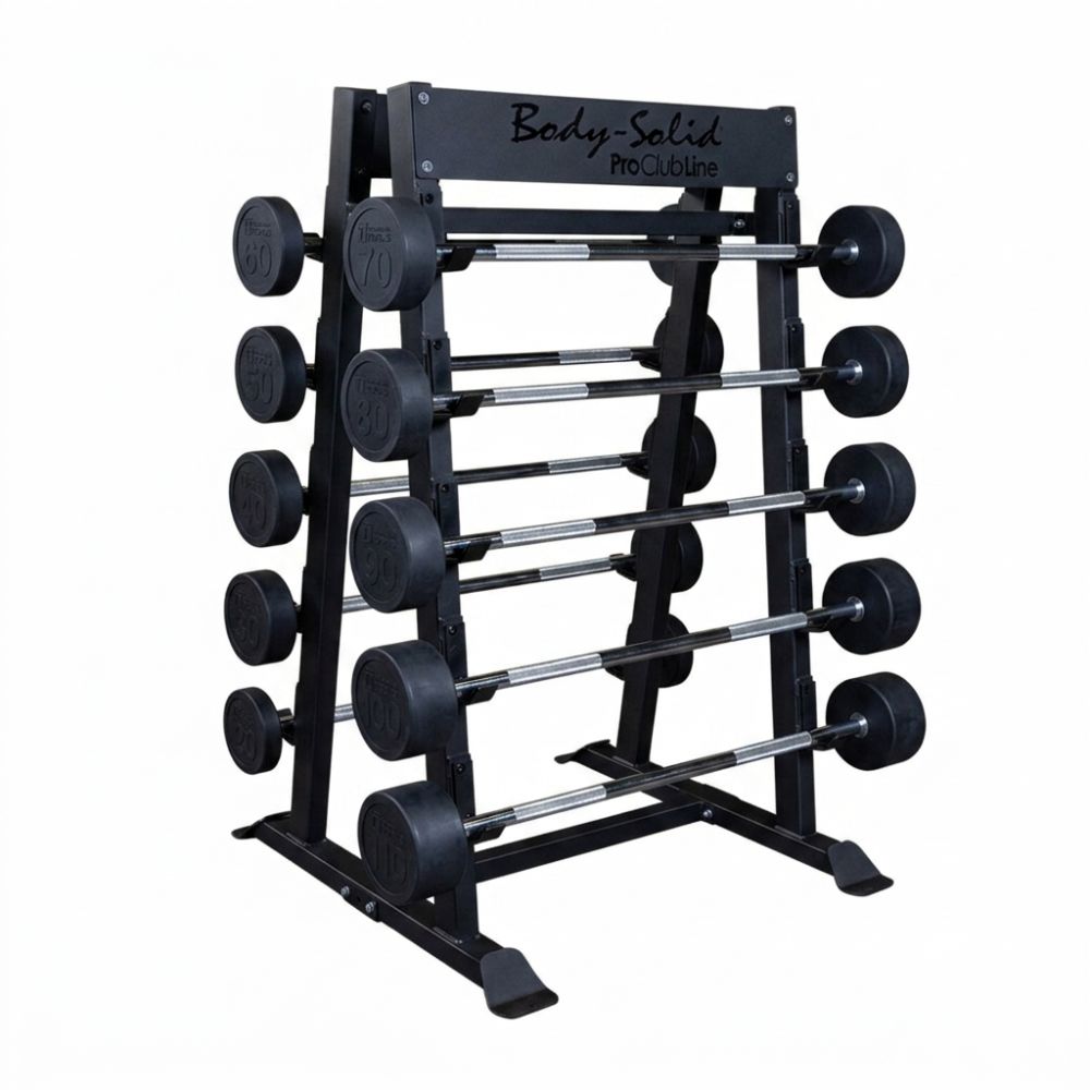 Body-Solid 20 - 110 LB Fixed Barbell Set with 10-Bar Rack with multiple dumbbells on a white background
