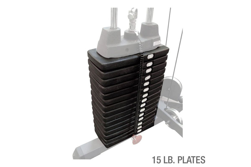 A stack of black 15 lb weight plates with a metal spring and silver mounting posts, shown on a white background with the text '15 LB. PLATES' in the bottom right corner.