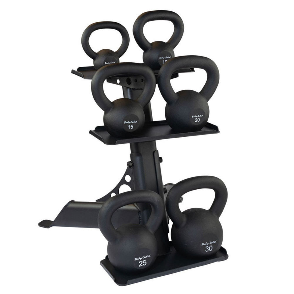 Body-Solid 5-30 lb. Powder Coat Kettlebell Package KBRS105PACK Body-Solid black three-tier kettlebell rack holding multiple kettlebells ranging from 10 to 30 pounds, displayed neatly for gym organization.
