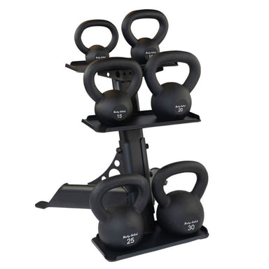 Body-Solid 5-30 lb. Powder Coat Kettlebell Package KBRS105PACK Body-Solid black three-tier kettlebell rack holding multiple kettlebells ranging from 10 to 30 pounds, displayed neatly for gym organization.