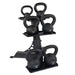 Body-Solid 5-30 lb. Powder Coat Kettlebell Package KBRS105PACK Body-Solid black three-tier kettlebell rack holding multiple kettlebells ranging from 10 to 30 pounds, displayed neatly for gym organization.
