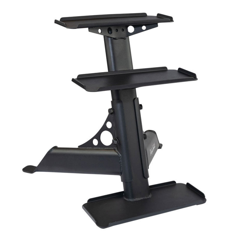 Body-Solid 5-30 lb. Powder Coat Kettlebell Package KBRS105PACK three-tier black kettlebell storage rack with a sturdy steel frame and angled shelves for organized equipment storage.