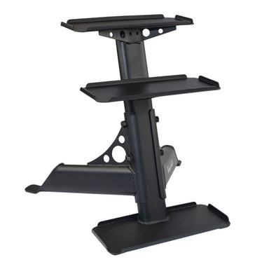 Body-Solid 5-30 lb. Powder Coat Kettlebell Package KBRS105PACK three-tier black kettlebell storage rack with a sturdy steel frame and angled shelves for organized equipment storage.