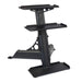 Body-Solid 5-30 lb. Powder Coat Kettlebell Package KBRS105PACK three-tier black kettlebell storage rack with a sturdy steel frame and angled shelves for organized equipment storage.