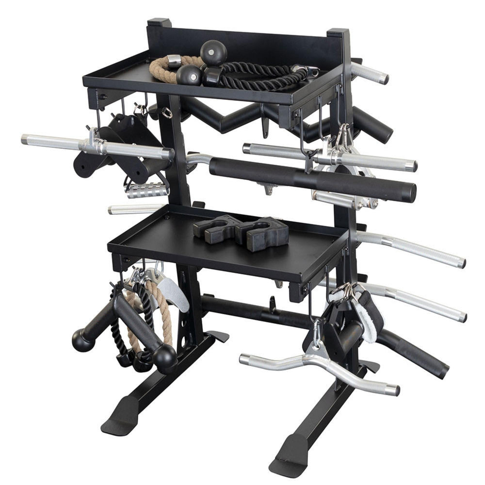 Body-Solid Accessory Rack SAR100 Angled view of Body-Solid Pro Club Line accessory rack displaying gym attachments such as ropes, handles, and bars.