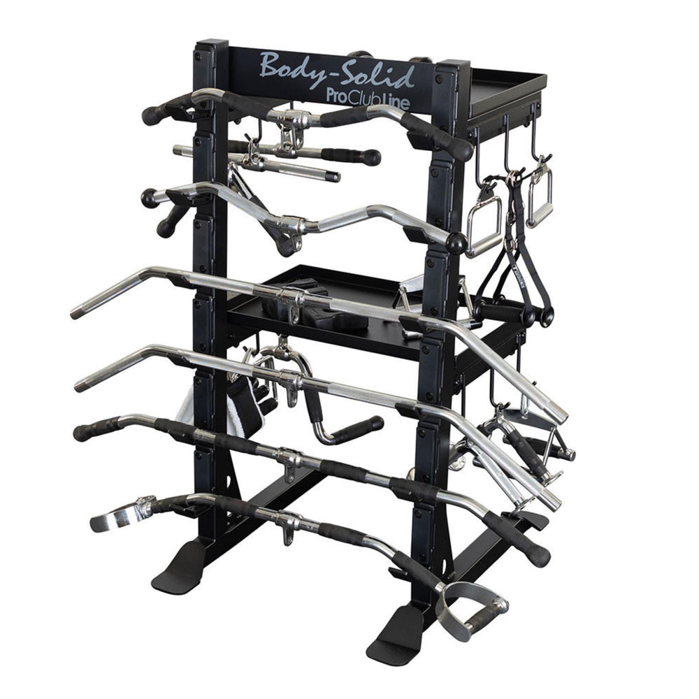 Body-Solid Accessory Rack SAR100 Body-Solid Pro Club Line accessory rack fully loaded with various chrome and black cable machine attachments.